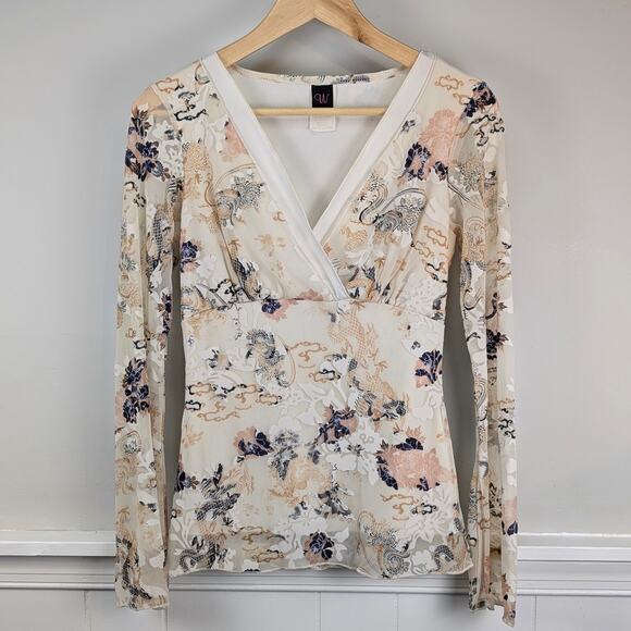 Wrapper Y2K Sheer Mesh Layered V Neck Bell Sleeve White Cream Floral Dragon Top - Picture 1 of 11